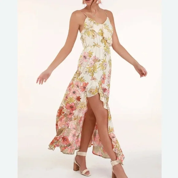 Billabong Floral High Low Dress Maxi Spaghetti Straps Boho Vacation Cotton Lined - Picture 12 of 14